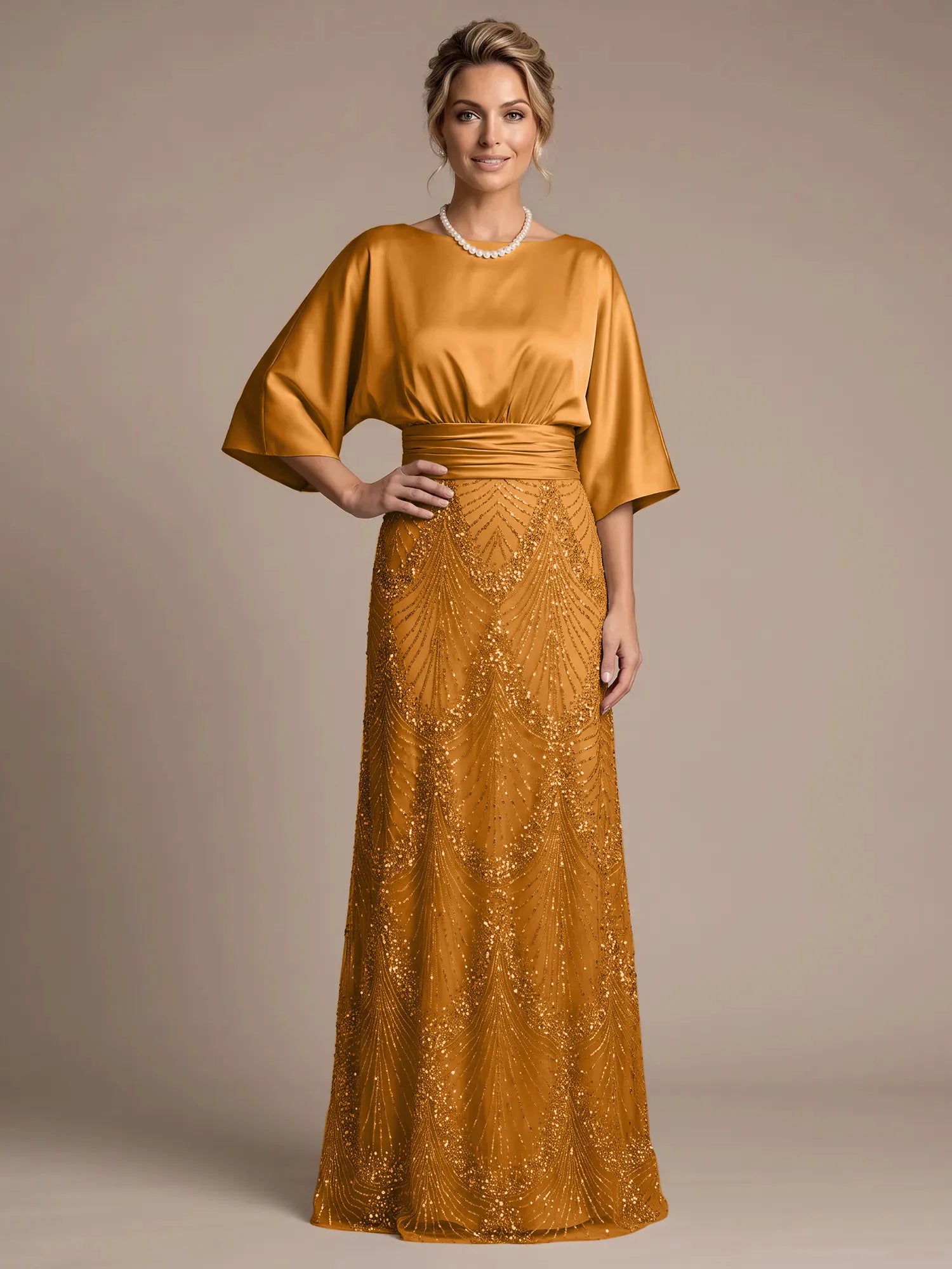 Champagne Bateau Neck Satin 3/4 Batwing Sleeves Maxi Dress
