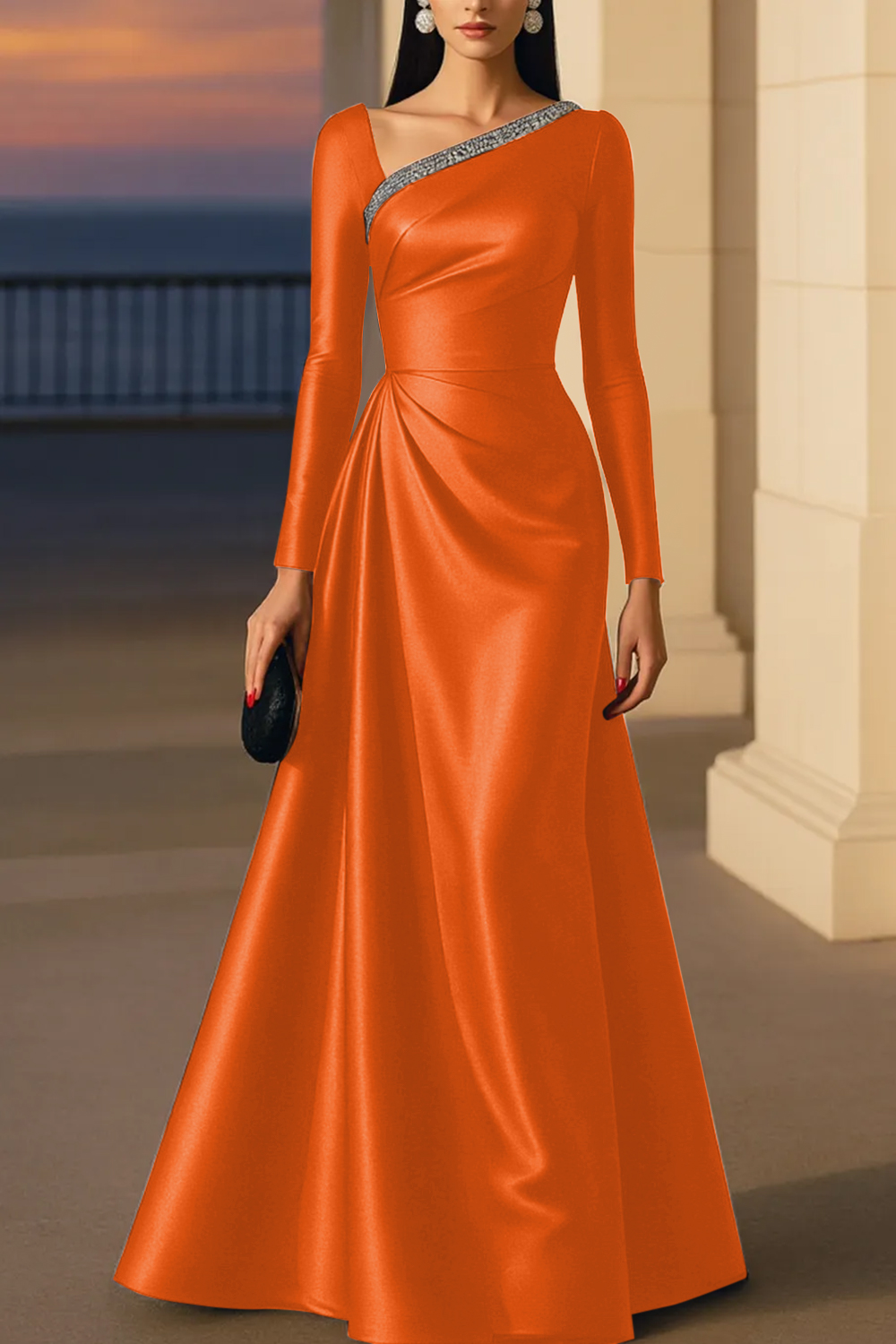 Evening Formal Burgundy Dress Asymmetrical Neck Long Sleeve Maxi Gown