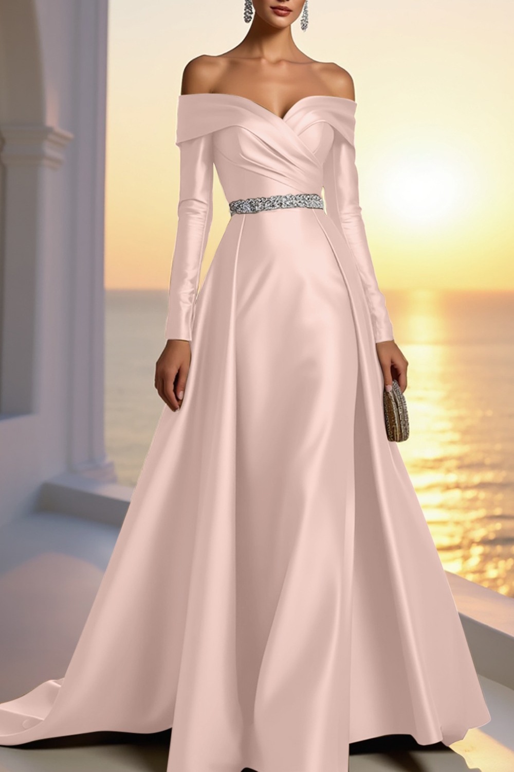 Formal Gold Satin Dress Off The Shoulder Long Sleeve Maxi Gown