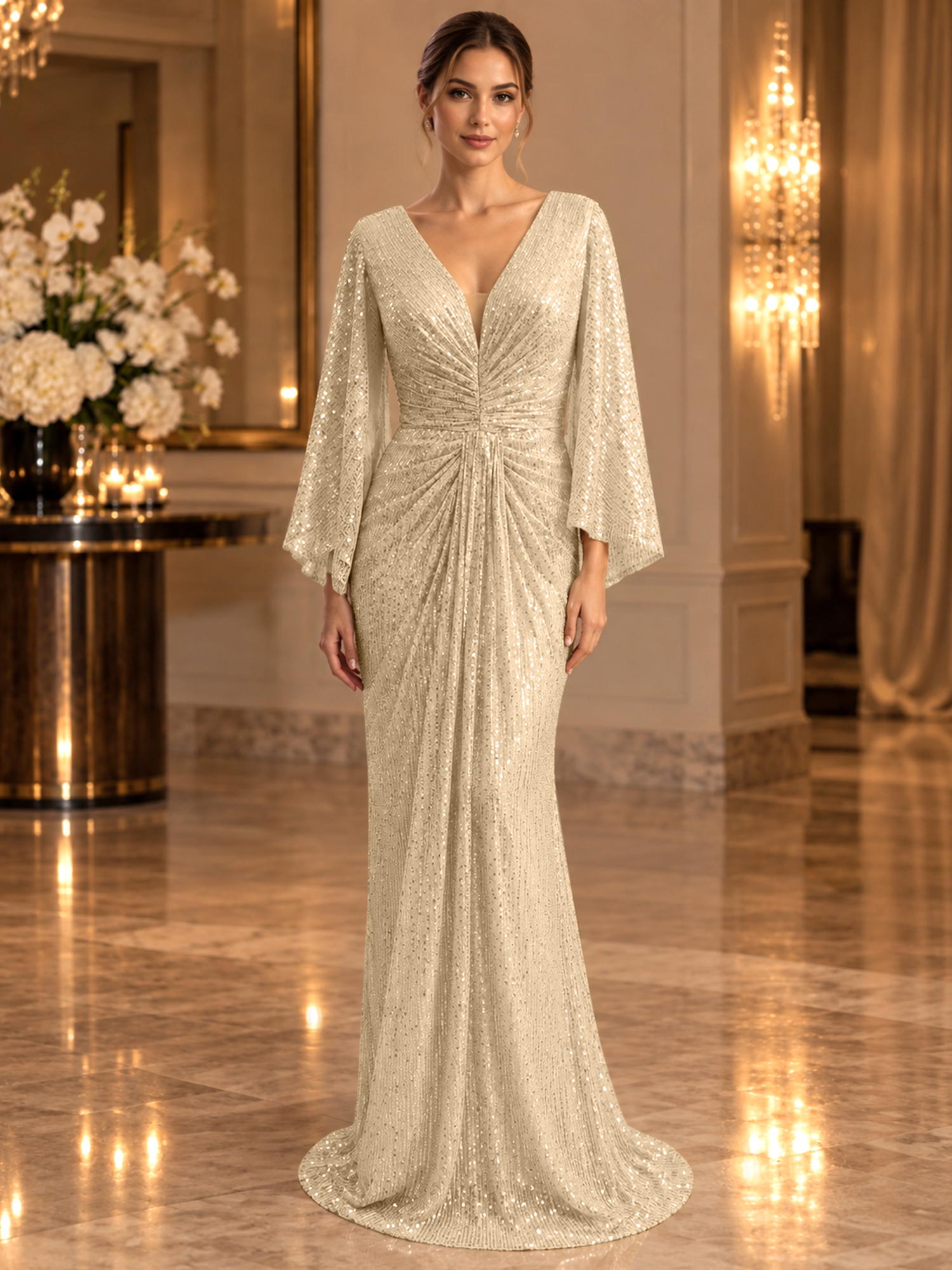 Gold Sequined V Neck Flare Sleeve Mermaid Maxi Dress
