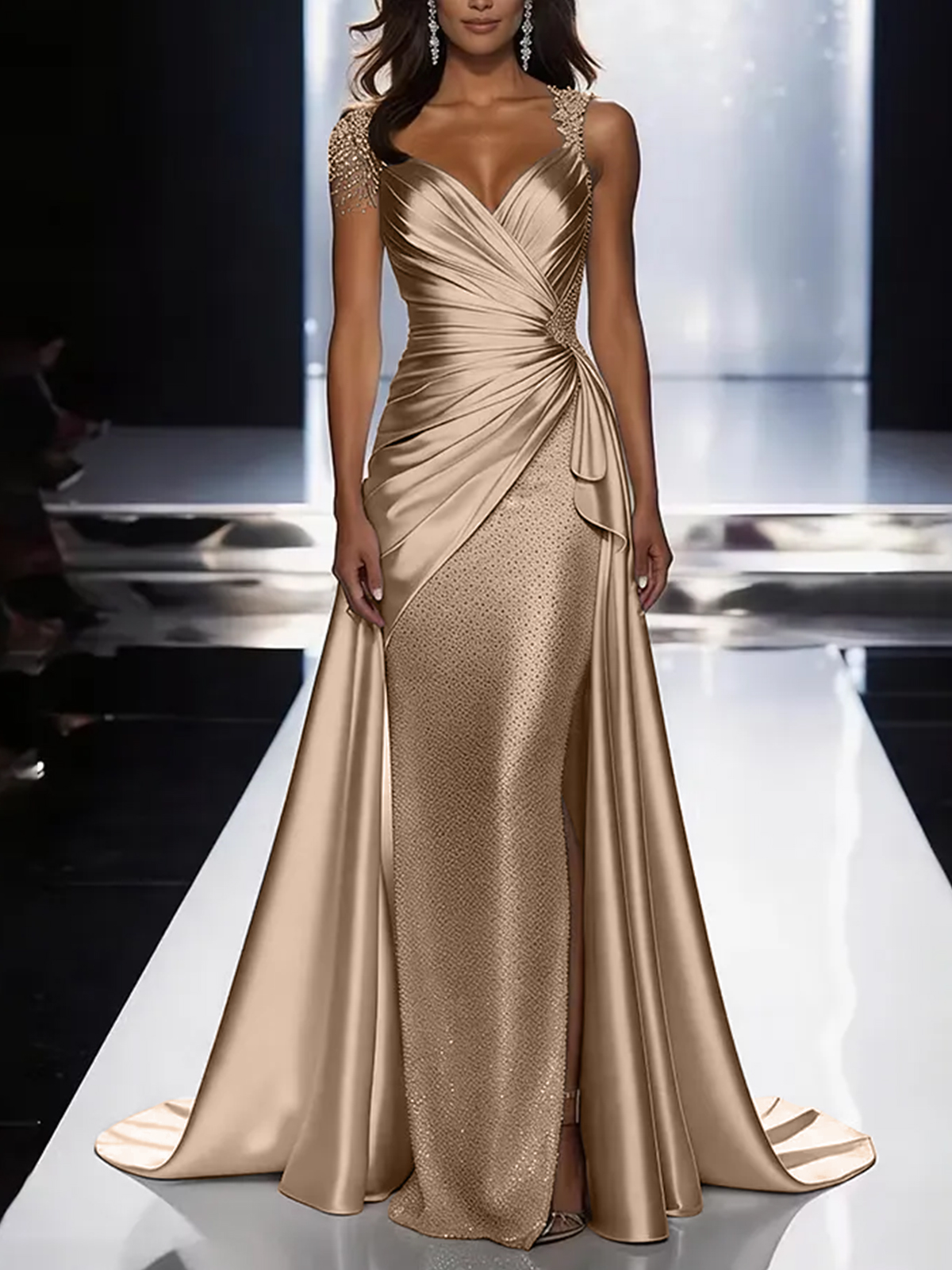 Silver Grey Deep V-Neck Draped Satin Metallic Mermaid Maxi Dress