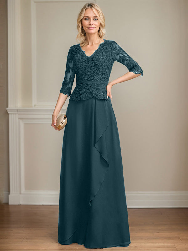 A-line V-Neck Floor-Length Lace Chiffon Mother of the Bride Dress With Cascading Ruffles Sequins