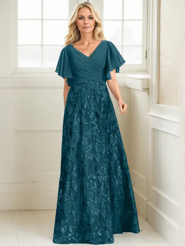 A-line V-Neck Floor-Length Lace Sequin Chiffon Mother of the Bride Dress With Pleated