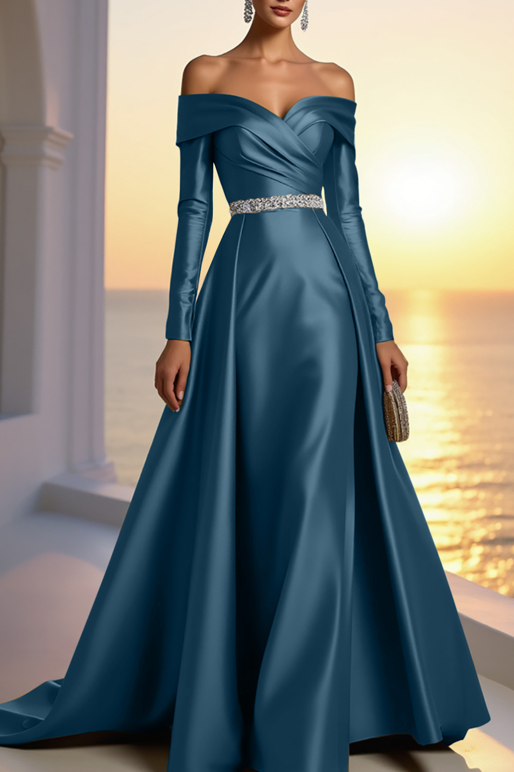 Formal Gold Satin Dress Off The Shoulder Long Sleeve Maxi Gown