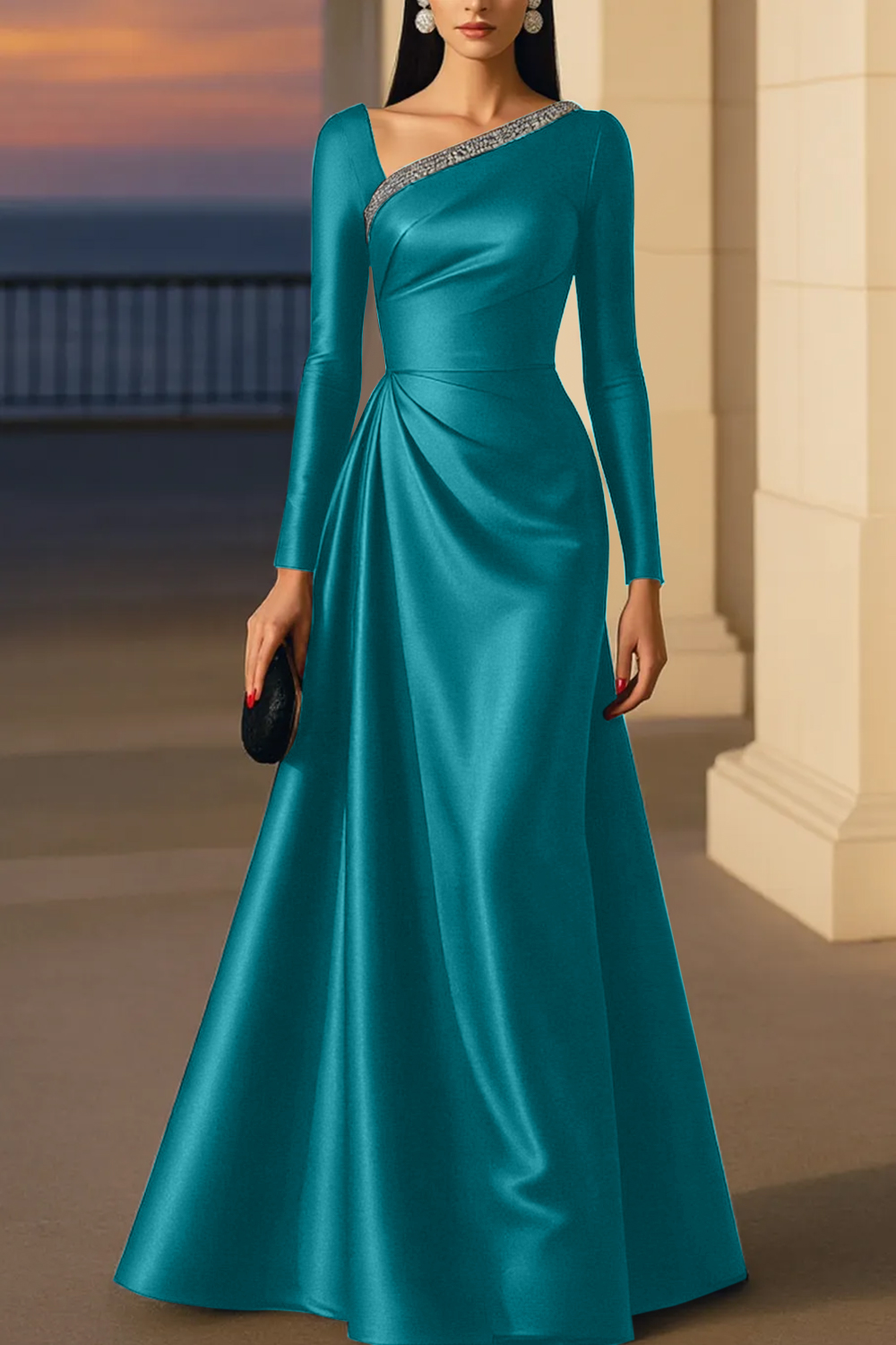 Evening Formal Burgundy Dress Asymmetrical Neck Long Sleeve Maxi Gown