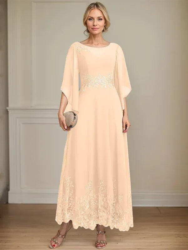 A-line Scoop Illusion Ankle-Length Lace Chiffon Mother of the Bride Dress With Sequins