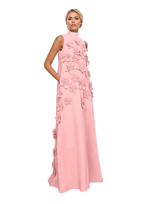 A Line High Neck Sleeveless Floor Length Stretch Crepe Dress With 3D Flowers
