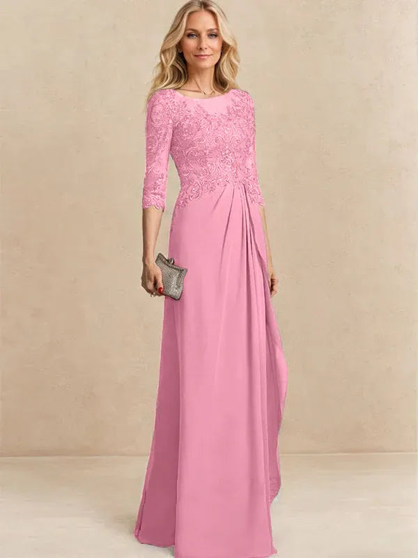 A-line Scoop Illusion Floor-Length Chiffon Lace Mother of the Bride Dress With Beading Sequins Cascading Ruffles