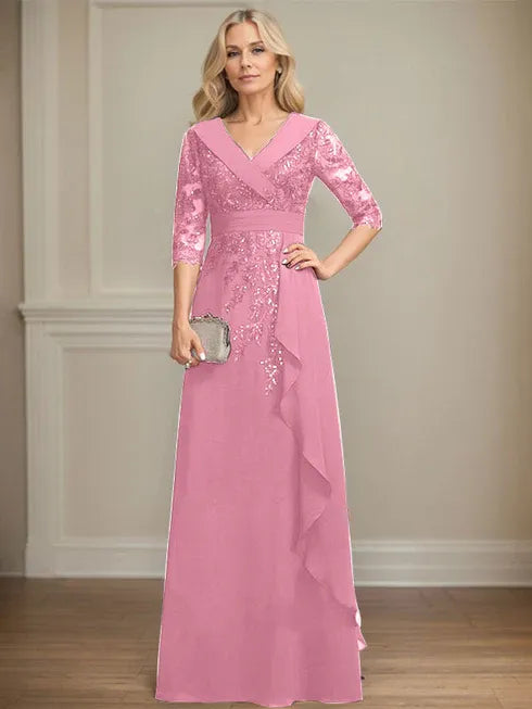 A-line Collared V-Neck Floor-Length Lace Chiffon Mother of the Bride Dress With Sequins Cascading Ruffles