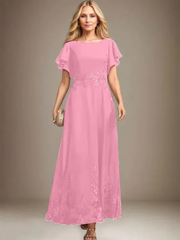 A-line Scoop Ankle-Length Lace Chiffon Mother of the Bride Dress With Sequins