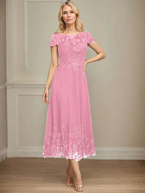 A-line Illusion Scoop Tea-Length Lace Chiffon Mother of the Bride Dress With Sequins