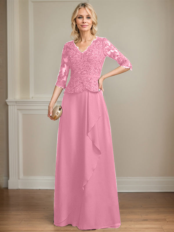 A-line V-Neck Floor-Length Lace Chiffon Mother of the Bride Dress With Cascading Ruffles Sequins