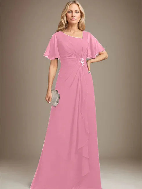 A-line Asymmetrical Floor-Length Chiffon Mother of the Bride Dress With Pleated Beading Sequins