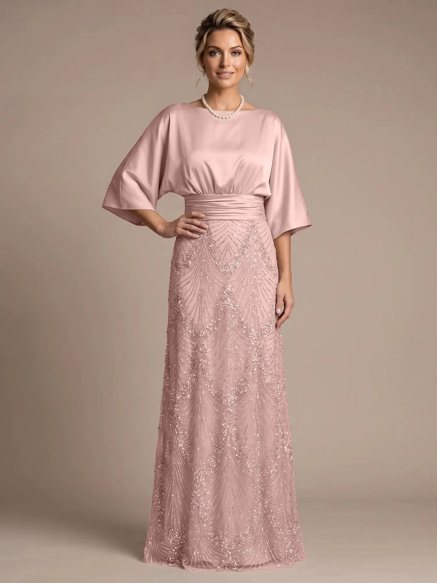 Champagne Bateau Neck Satin 3/4 Batwing Sleeves Maxi Dress