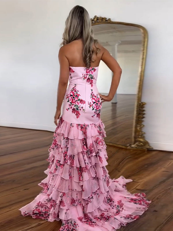 Pink Mermaid Flower Strapless Corset Tiered Tulle Long Prom Dress