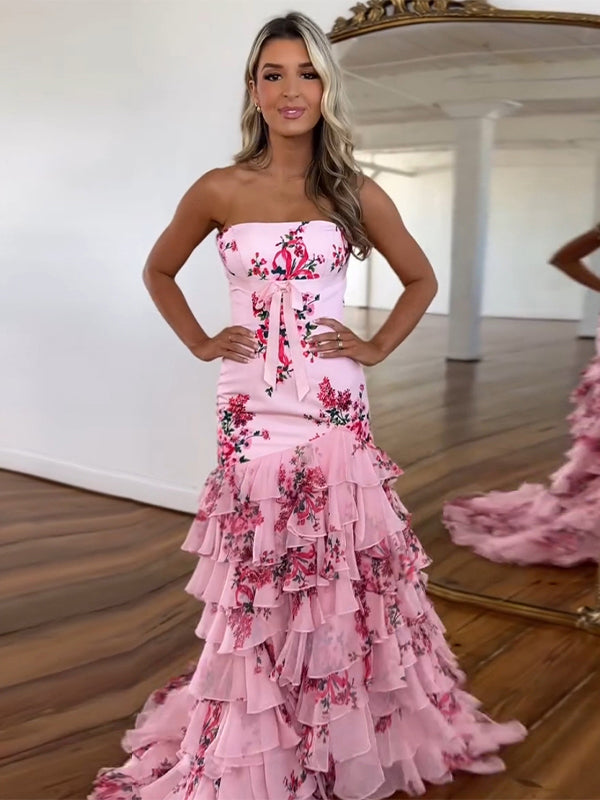 Pink Mermaid Flower Strapless Corset Tiered Tulle Long Prom Dress