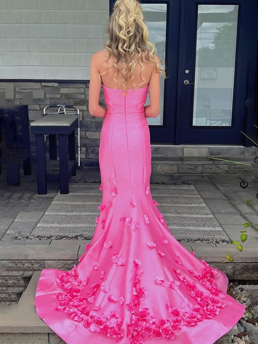 Pink Mermaid  Strapless Sleeveless Long Prom Dress with Appliques