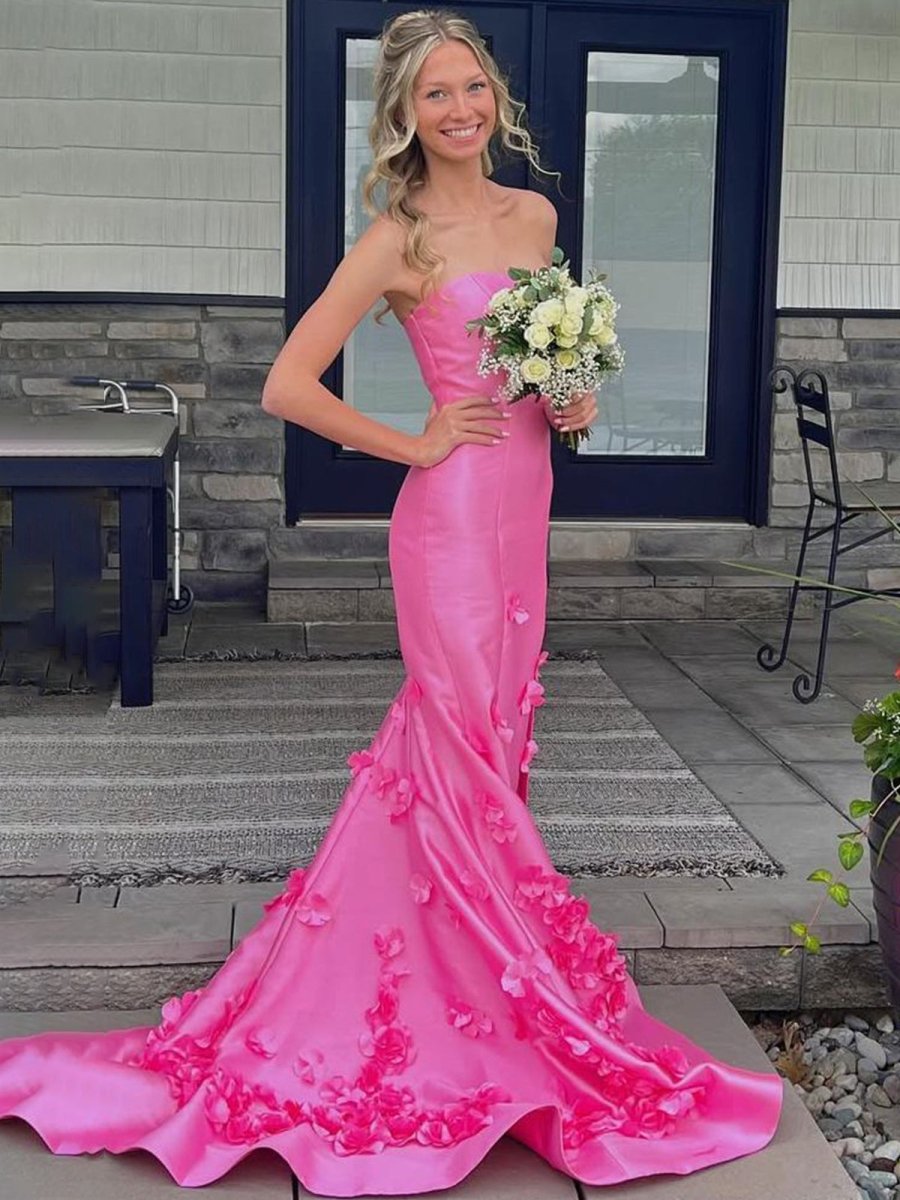 Pink Mermaid  Strapless Sleeveless Long Prom Dress with Appliques