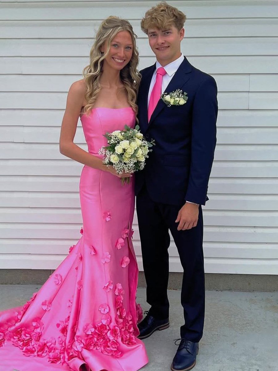 Pink Mermaid  Strapless Sleeveless Long Prom Dress with Appliques