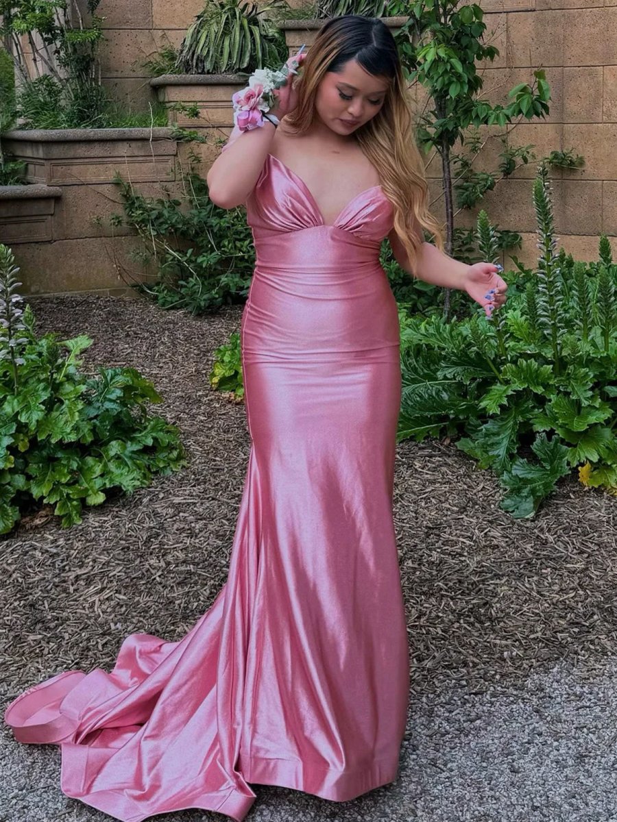 Pink Mermaid V Neck Sleeveless Long Satin Prom Dress