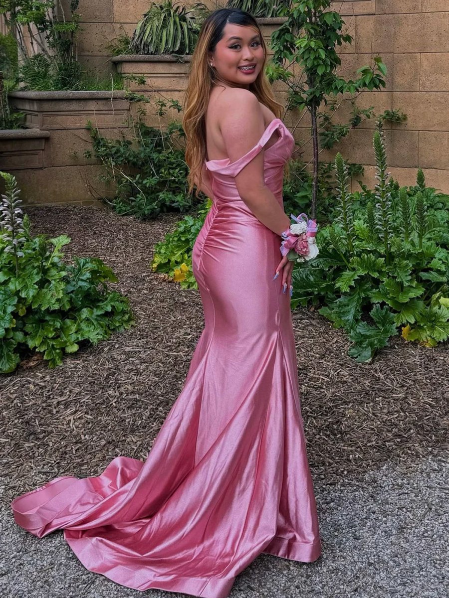 Pink Mermaid V Neck Sleeveless Long Satin Prom Dress