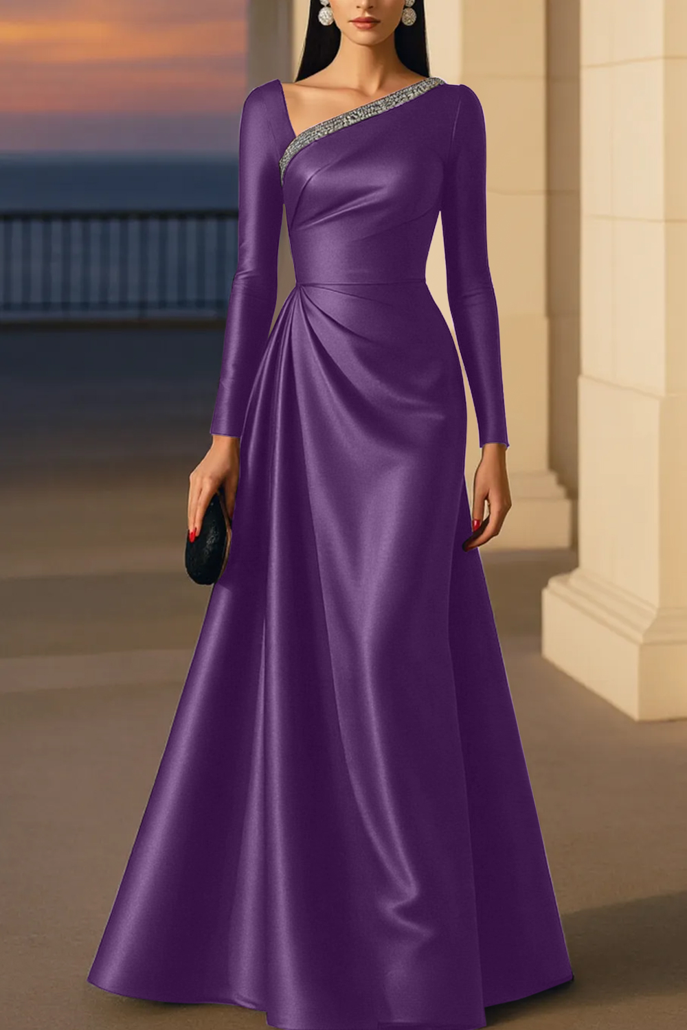 Evening Formal Burgundy Dress Asymmetrical Neck Long Sleeve Maxi Gown