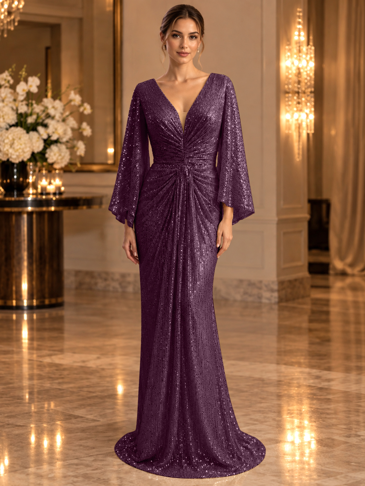 Gold Sequined V Neck Flare Sleeve Mermaid Maxi Dress