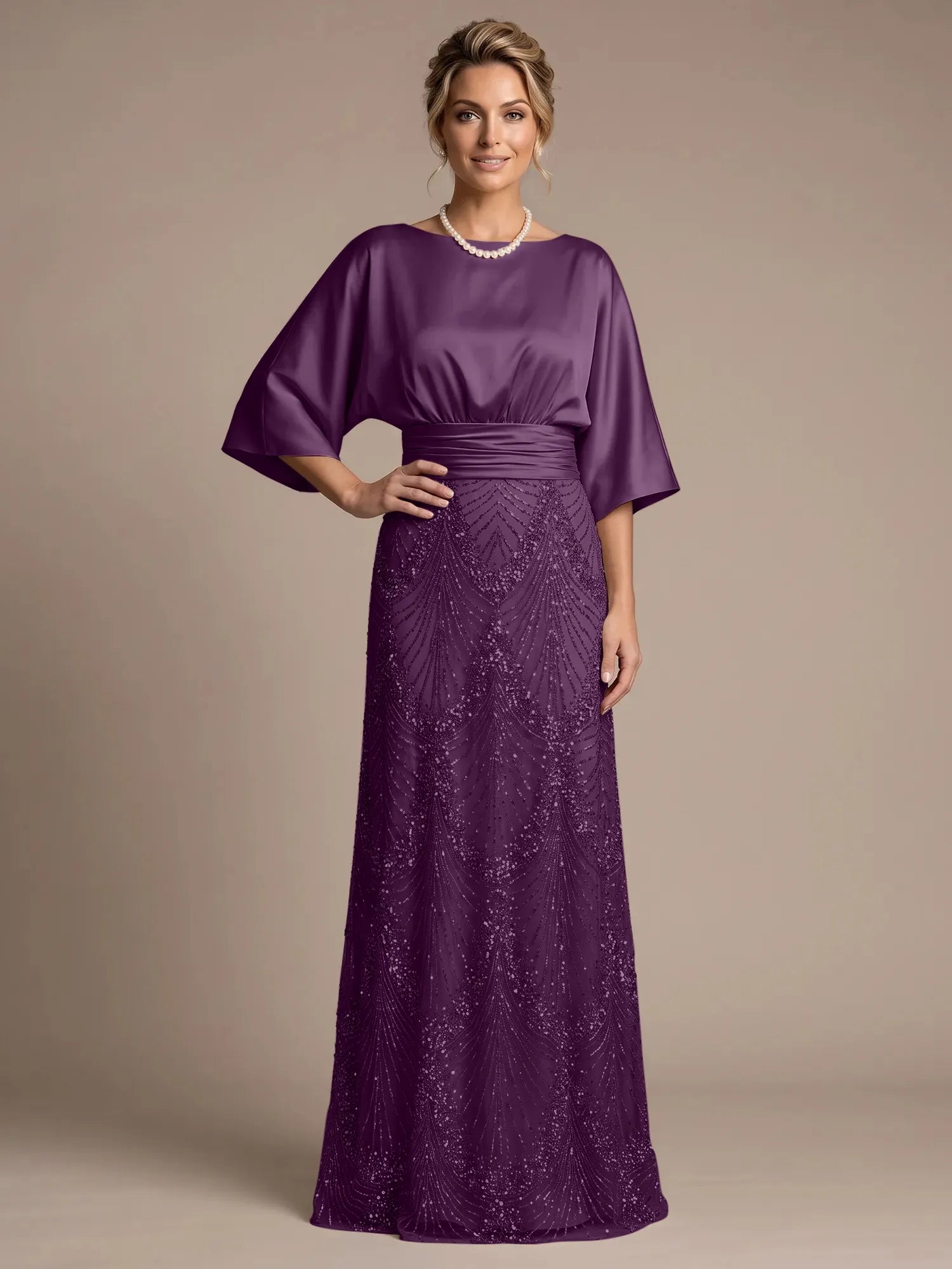 Champagne Bateau Neck Satin 3/4 Batwing Sleeves Maxi Dress