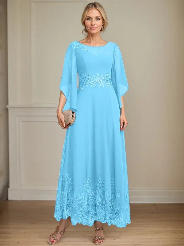 A-line Scoop Illusion Ankle-Length Lace Chiffon Mother of the Bride Dress With Sequins