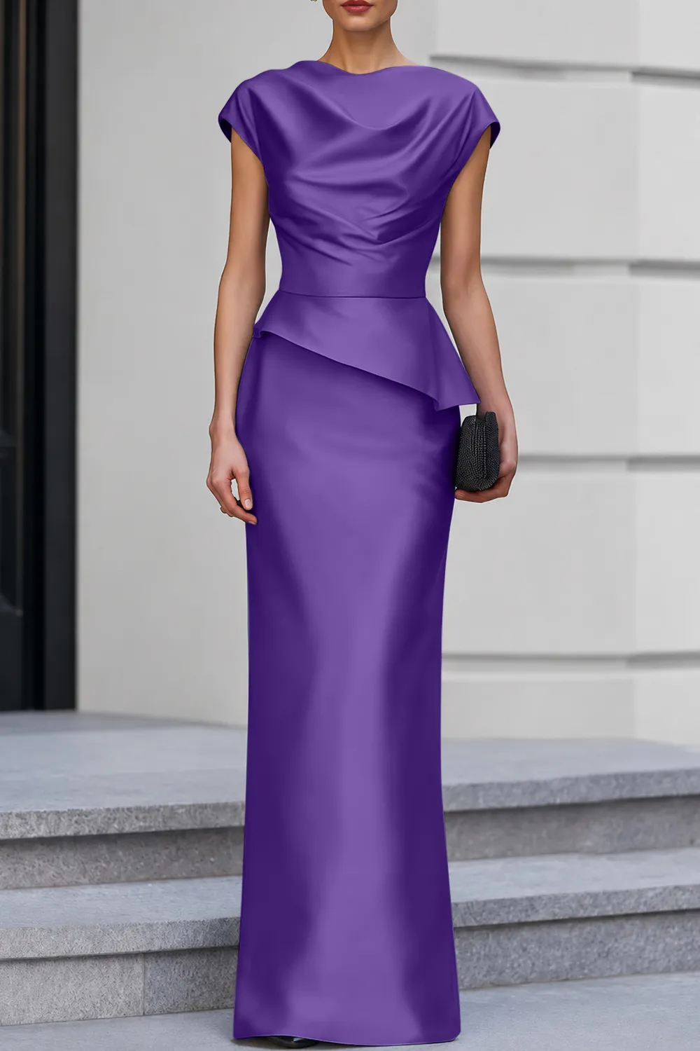 Navy Blue Cap Sleeve Satin Cowl Neck Peplum Maxi Dress