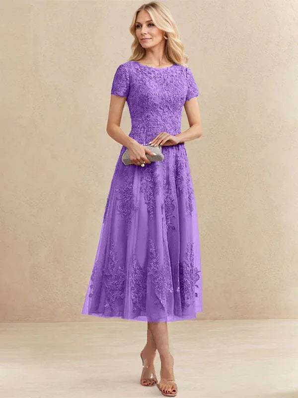 A-line Scoop Tea-Length Tulle Lace Mother of the Bride Dress