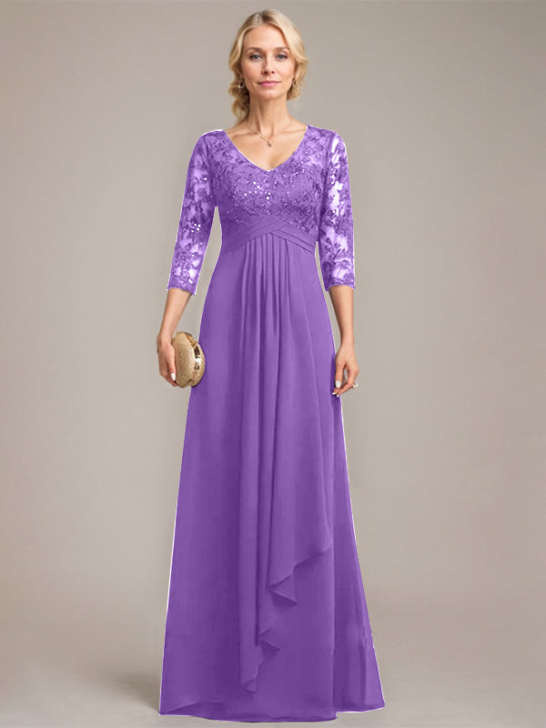 A-line V-Neck Floor-Length Lace Chiffon Mother of the Bride Dress With Cascading Ruffles Sequins