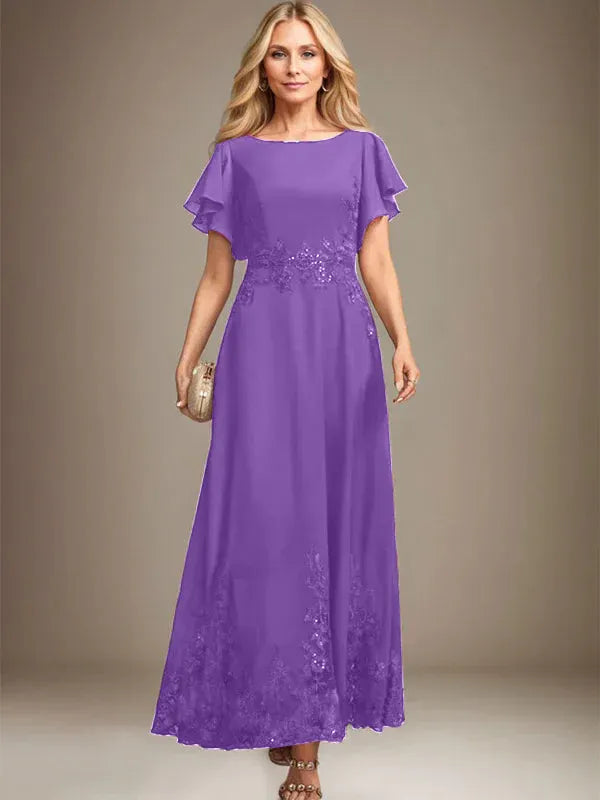 A-line Scoop Ankle-Length Lace Chiffon Mother of the Bride Dress With Sequins