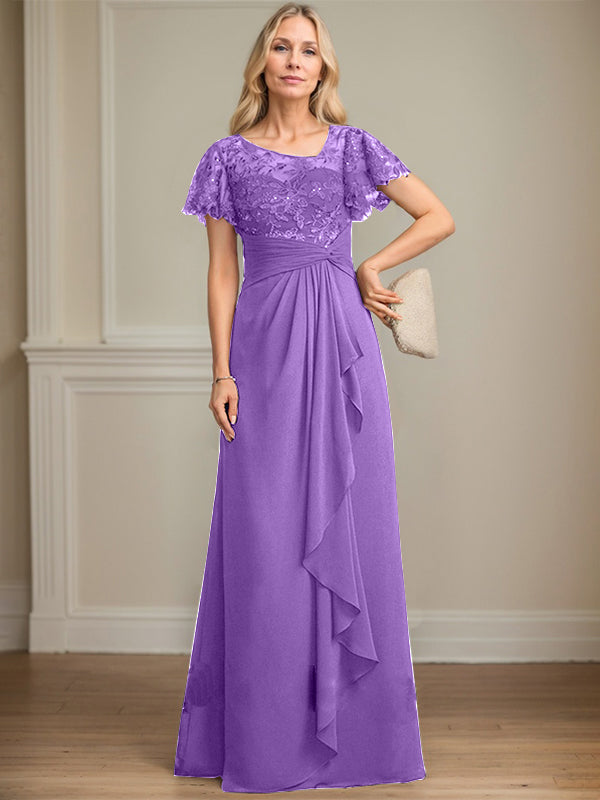 A-line Asymmetrical Illusion Floor-Length Lace Chiffon Mother of the Bride Dress With Cascading Ruffles Sequins