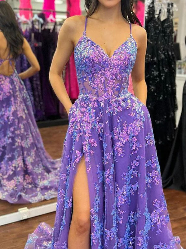 Purple A Line Spaghetti Straps V-Neck Lace Appliques Prom Dress with Slit