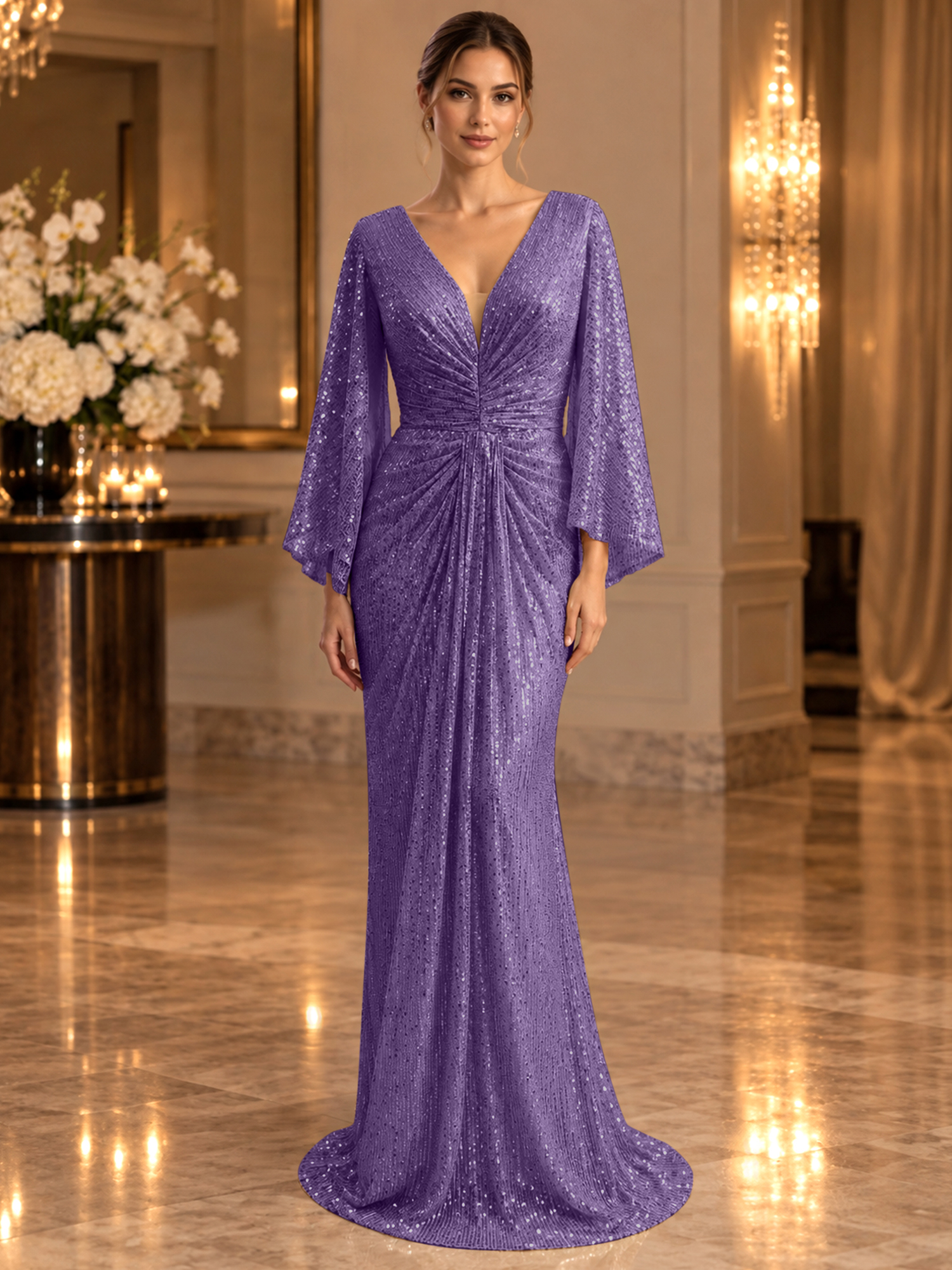 Gold Sequined V Neck Flare Sleeve Mermaid Maxi Dress