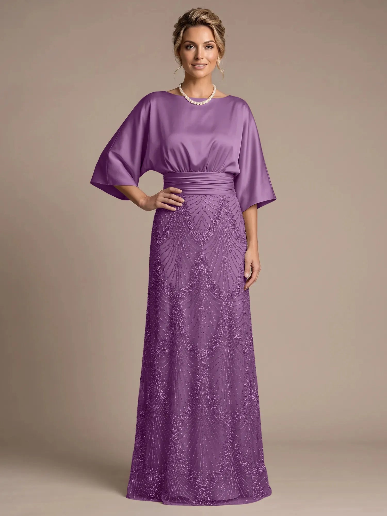 Champagne Bateau Neck Satin 3/4 Batwing Sleeves Maxi Dress