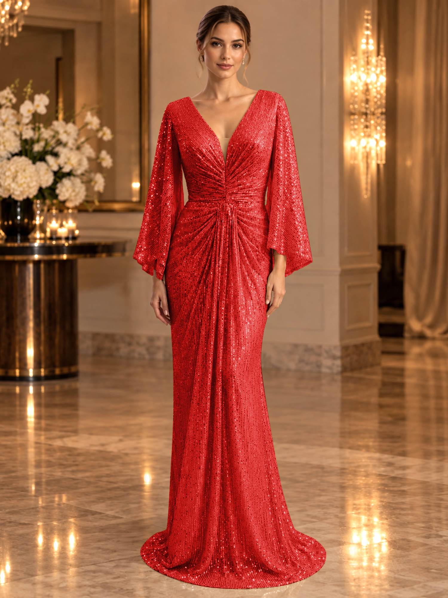 Gold Sequined V Neck Flare Sleeve Mermaid Maxi Dress