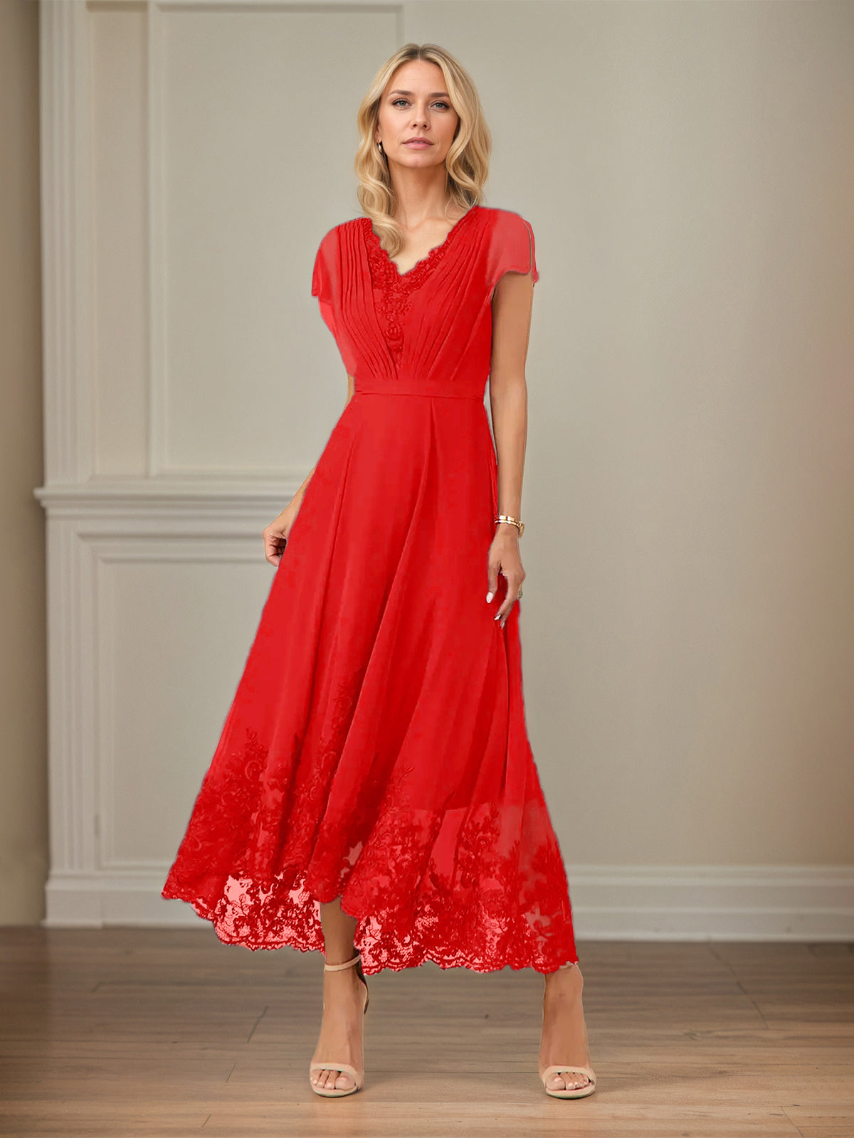 A Line V Neck Flutter Sleeve Ankle Length Chiffon Dress With Appliques