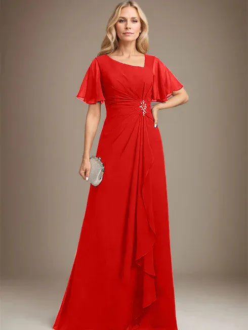 A-line Asymmetrical Floor-Length Chiffon Mother of the Bride Dress With Pleated Beading Sequins