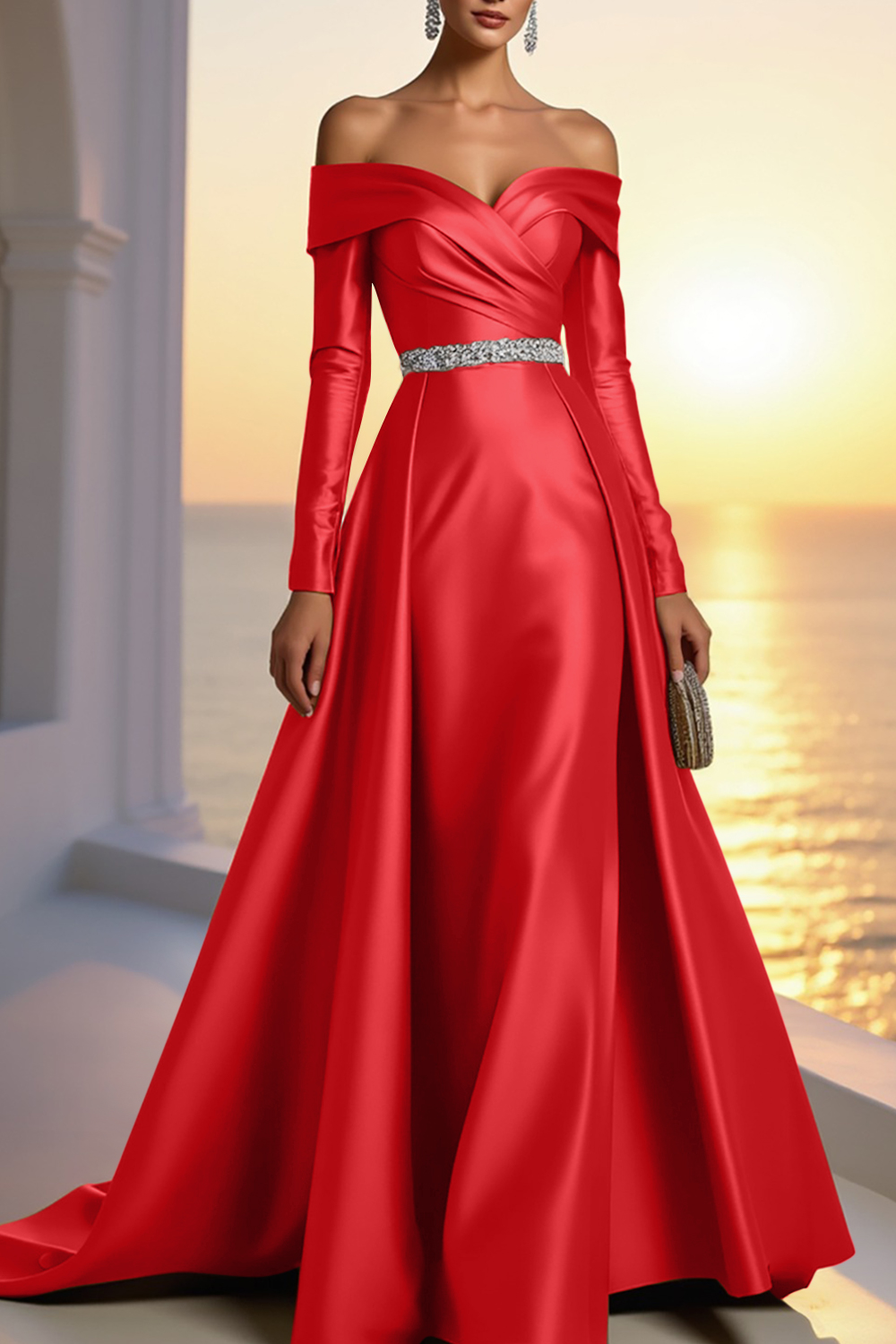 Formal Gold Satin Dress Off The Shoulder Long Sleeve Maxi Gown