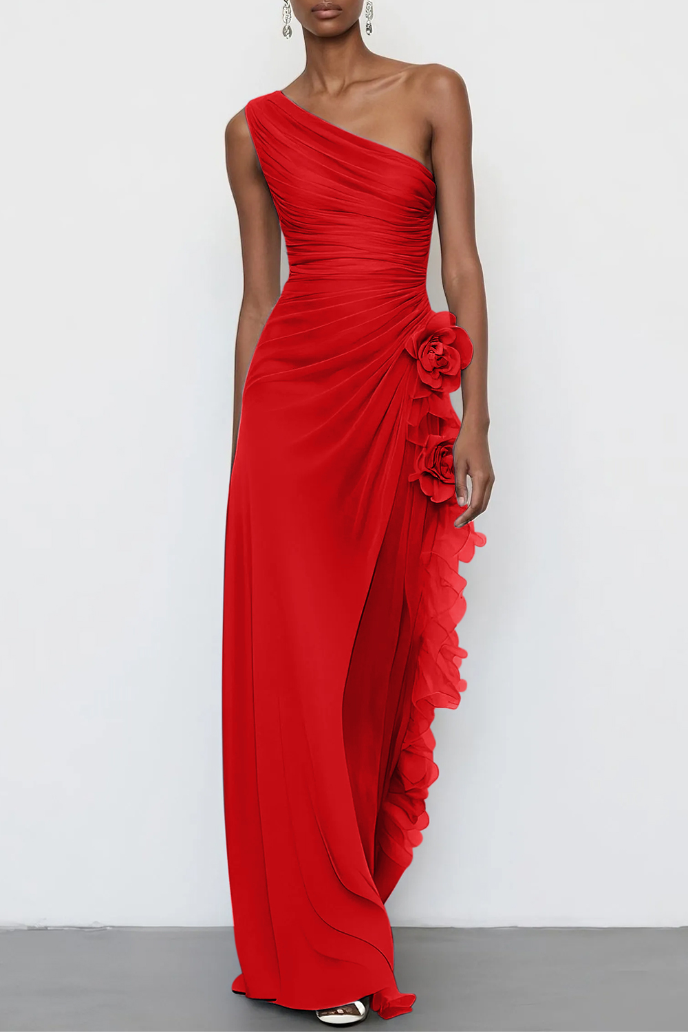 Light Blue 3D Floral Chiffon One Shoulder Sleeveless Sheath Maxi Dress