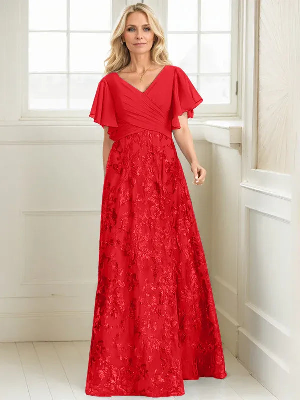 A-line V-Neck Floor-Length Lace Sequin Chiffon Mother of the Bride Dress With Pleated
