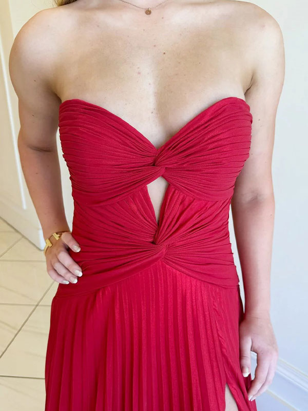 Yellow A Line Strapless Sweetheart Pleated Prom Dress with High Slit