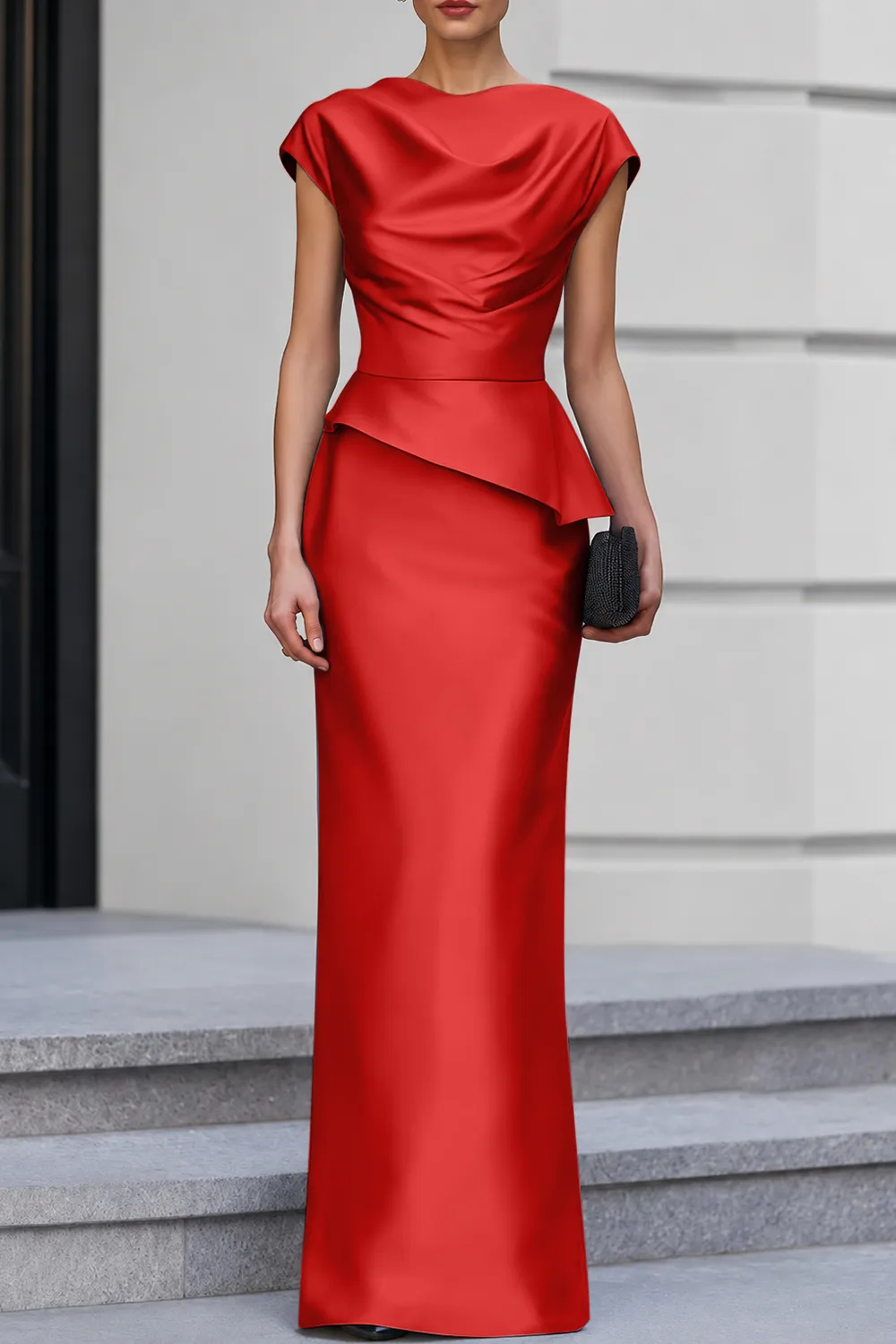 Navy Blue Cap Sleeve Satin Cowl Neck Peplum Maxi Dress