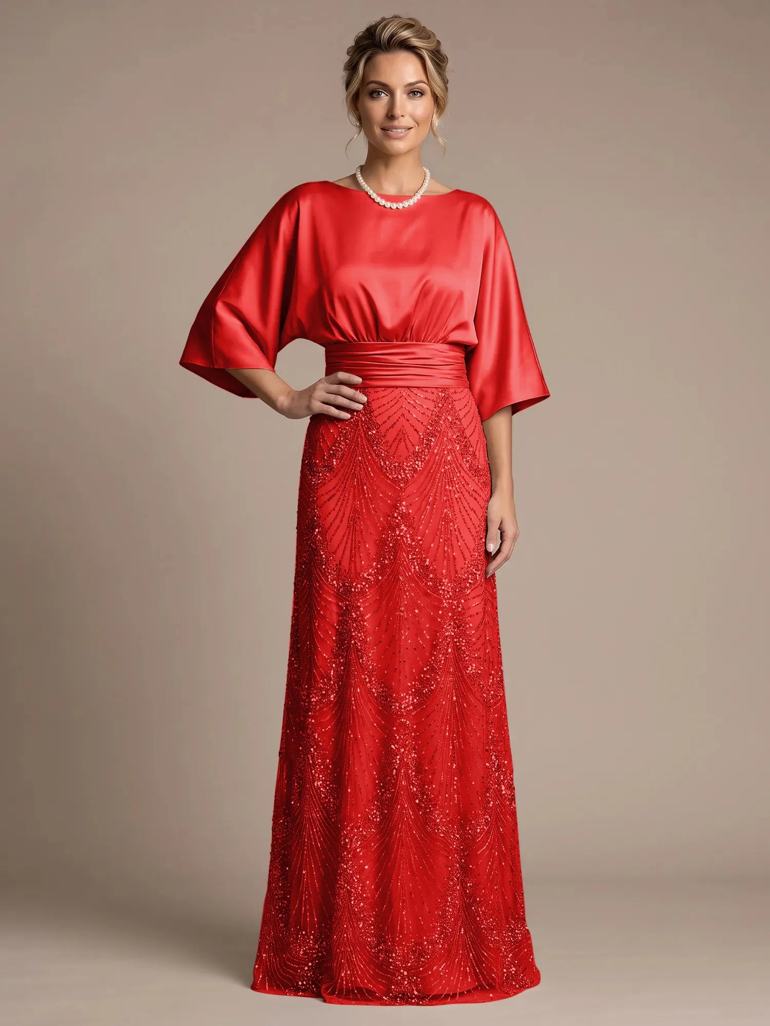 Champagne Bateau Neck Satin 3/4 Batwing Sleeves Maxi Dress