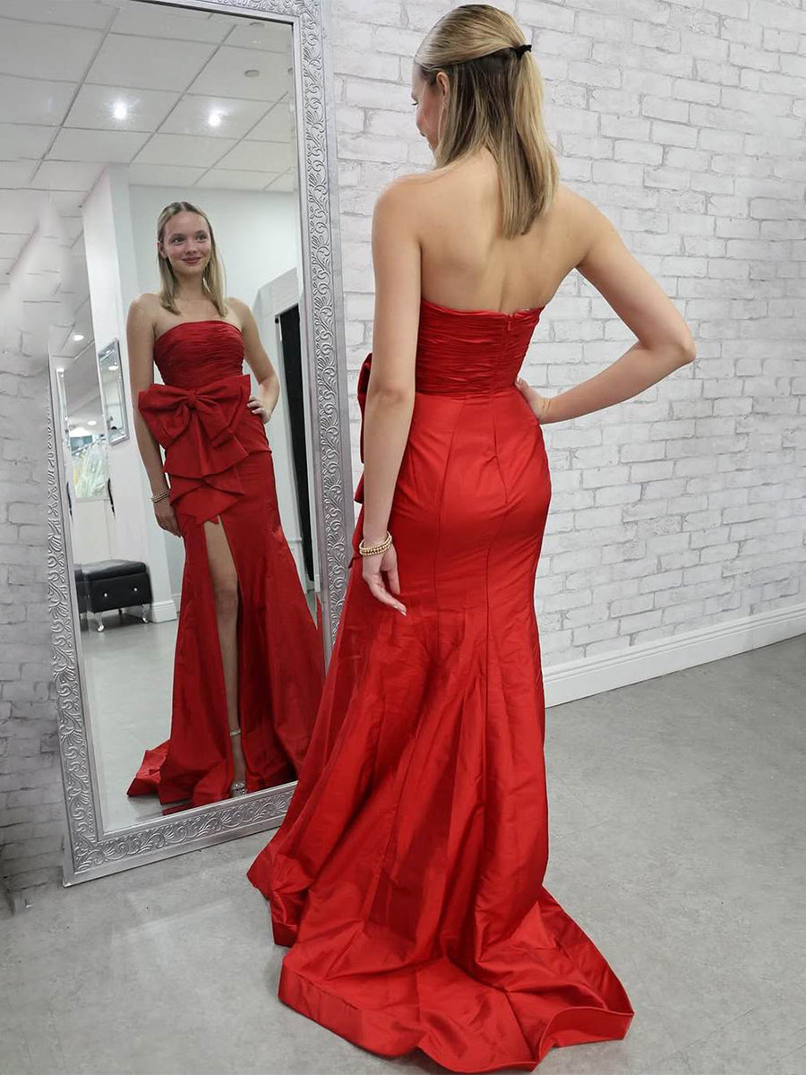 Red Mermaid Strapless Bow Satin Pleated Long Prom Dress with Slit