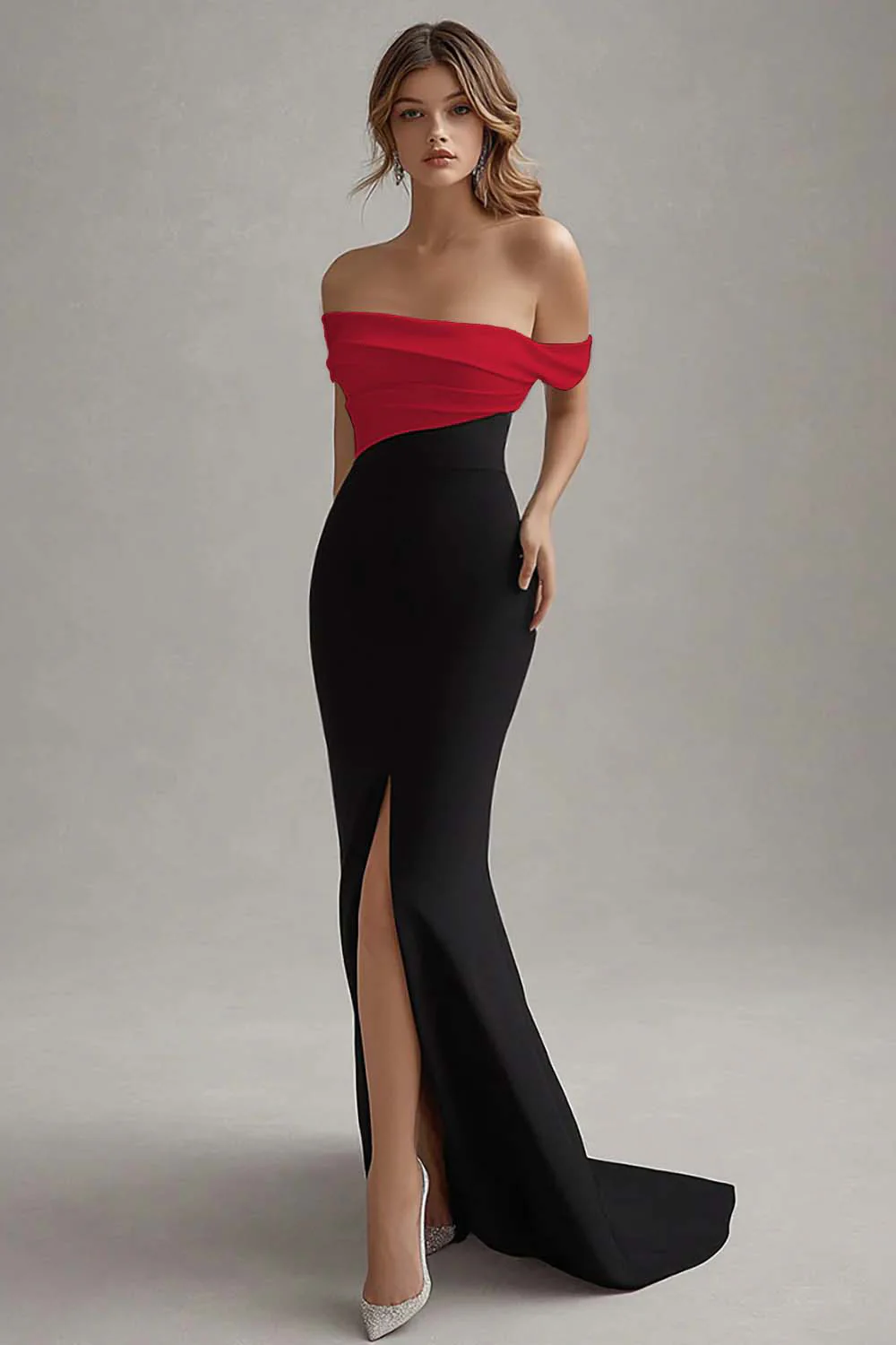 Elegant Off the Shoulder Black White Formal Dress with Slit