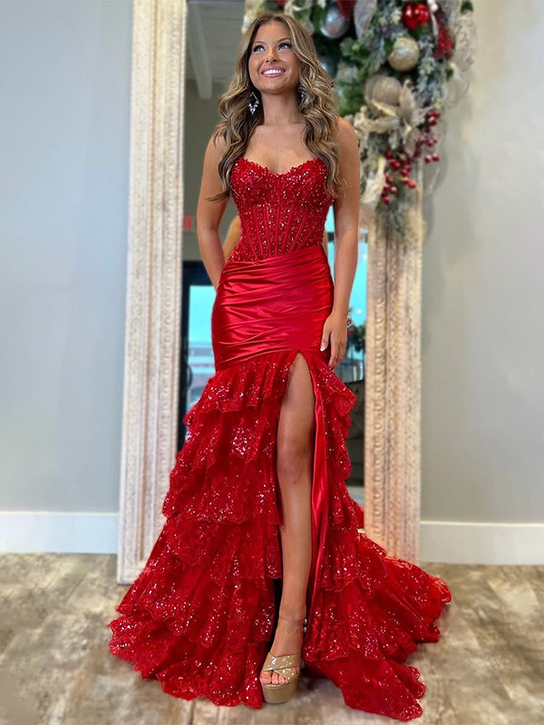 Red Mermaid Strapless Long Satin Prom Dress with Tiered Ruffle Skirt