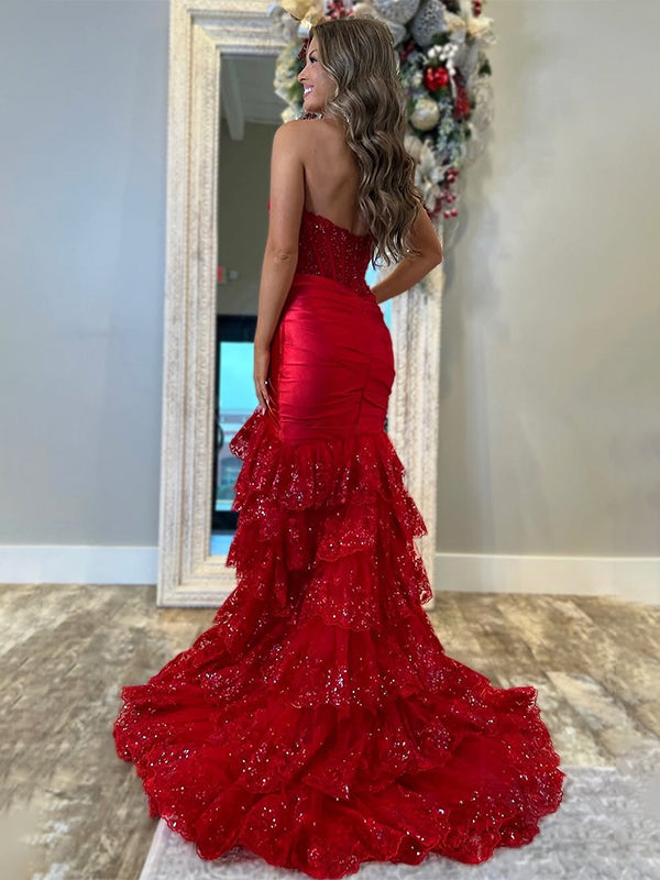 Red Mermaid Strapless Long Satin Prom Dress with Tiered Ruffle Skirt